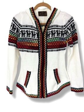 Alpaca Franco White Hooded Alpaca Fair Isle Zip Cardigan with Multicolor Trim